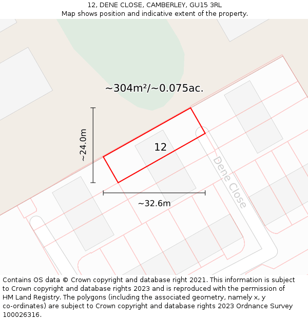 12, DENE CLOSE, CAMBERLEY, GU15 3RL: Plot and title map