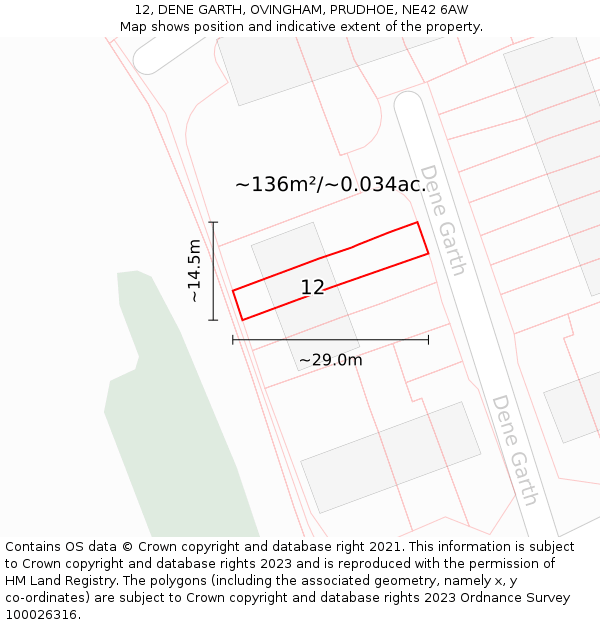 12, DENE GARTH, OVINGHAM, PRUDHOE, NE42 6AW: Plot and title map