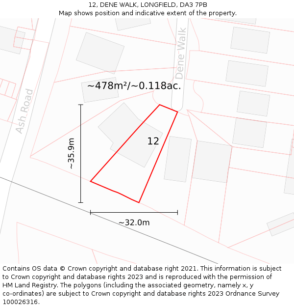 12, DENE WALK, LONGFIELD, DA3 7PB: Plot and title map