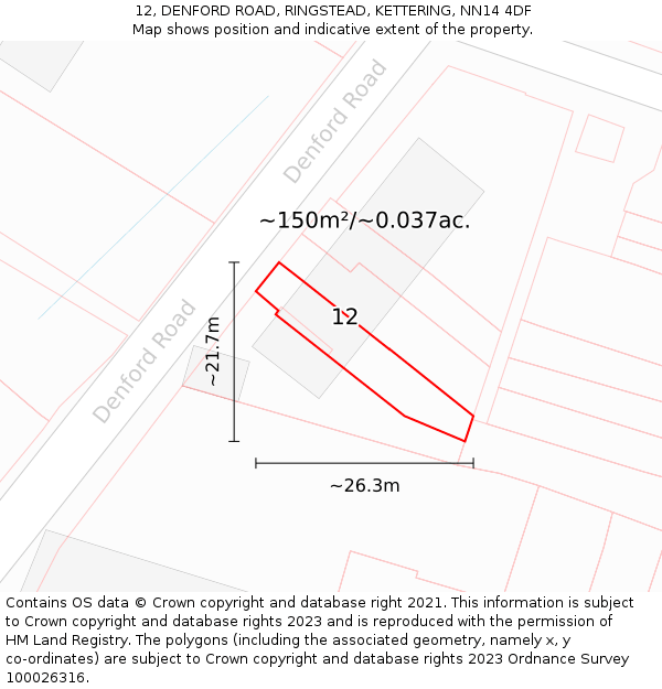 12, DENFORD ROAD, RINGSTEAD, KETTERING, NN14 4DF: Plot and title map