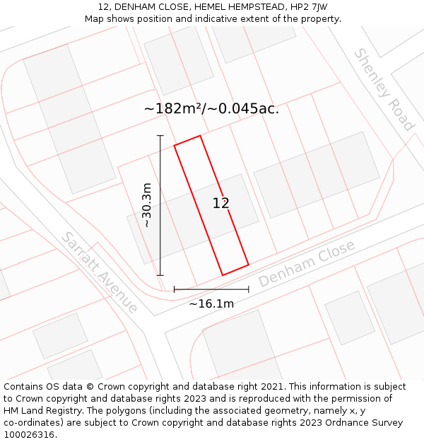 12, DENHAM CLOSE, HEMEL HEMPSTEAD, HP2 7JW: Plot and title map