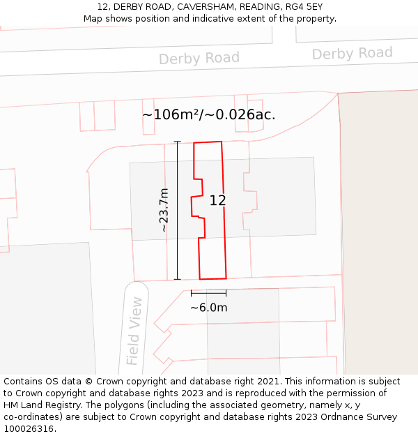 12, DERBY ROAD, CAVERSHAM, READING, RG4 5EY: Plot and title map