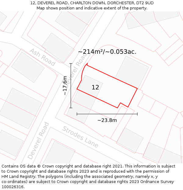 12, DEVEREL ROAD, CHARLTON DOWN, DORCHESTER, DT2 9UD: Plot and title map
