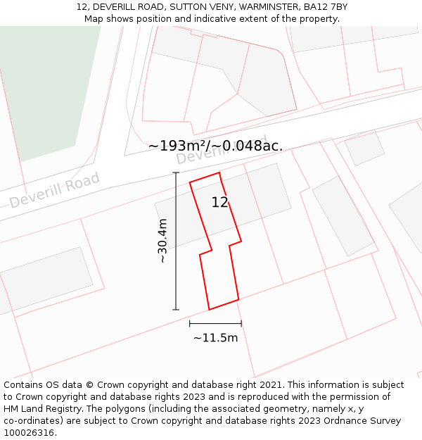 12, DEVERILL ROAD, SUTTON VENY, WARMINSTER, BA12 7BY: Plot and title map