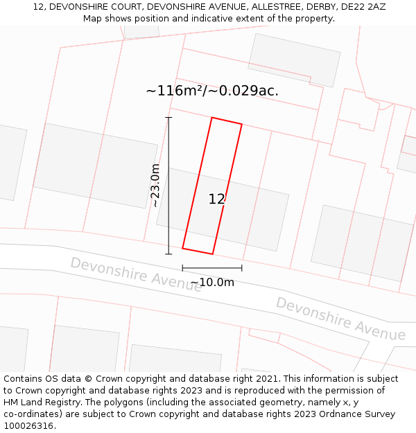 12, DEVONSHIRE COURT, DEVONSHIRE AVENUE, ALLESTREE, DERBY, DE22 2AZ: Plot and title map