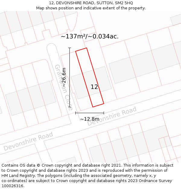 12, DEVONSHIRE ROAD, SUTTON, SM2 5HQ: Plot and title map