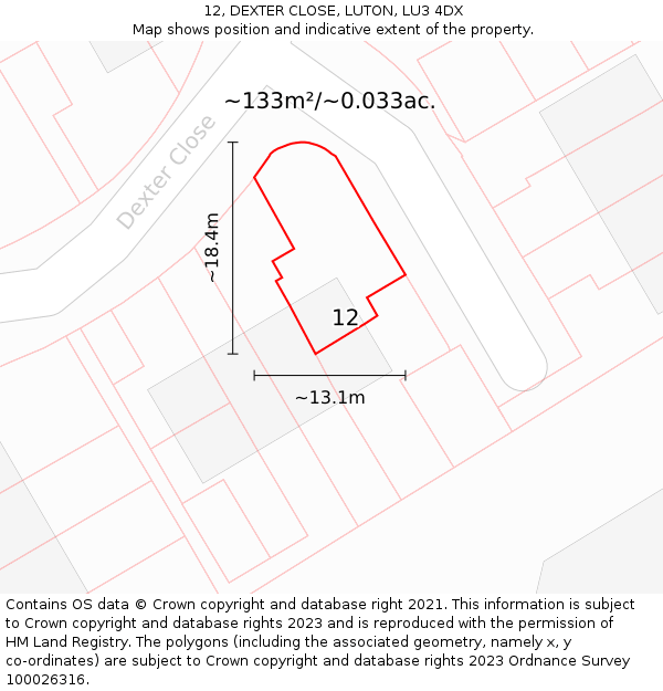 12, DEXTER CLOSE, LUTON, LU3 4DX: Plot and title map