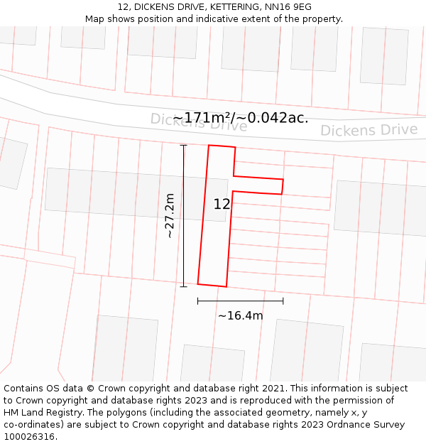 12, DICKENS DRIVE, KETTERING, NN16 9EG: Plot and title map
