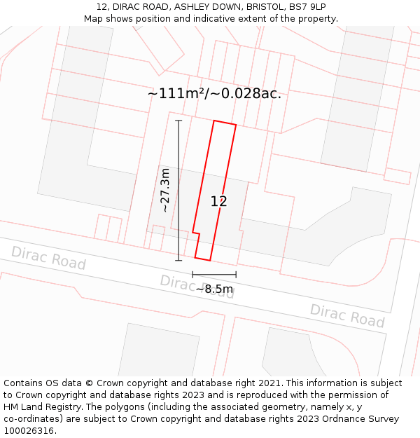 12, DIRAC ROAD, ASHLEY DOWN, BRISTOL, BS7 9LP: Plot and title map