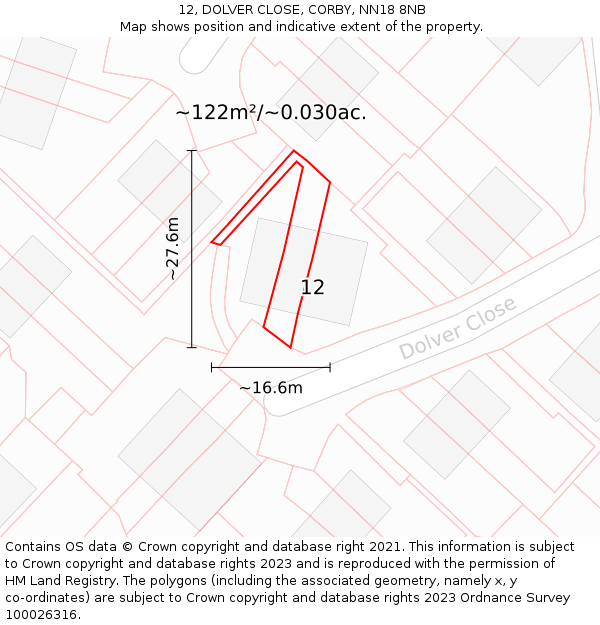 12, DOLVER CLOSE, CORBY, NN18 8NB: Plot and title map
