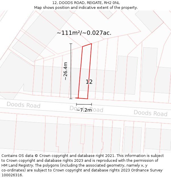 12, DOODS ROAD, REIGATE, RH2 0NL: Plot and title map