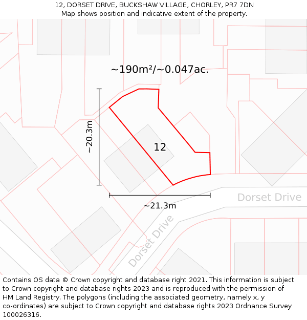 12, DORSET DRIVE, BUCKSHAW VILLAGE, CHORLEY, PR7 7DN: Plot and title map