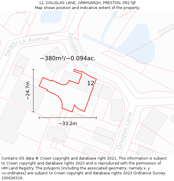 12, DOUGLAS LANE, GRIMSARGH, PRESTON, PR2 5JF: Plot and title map