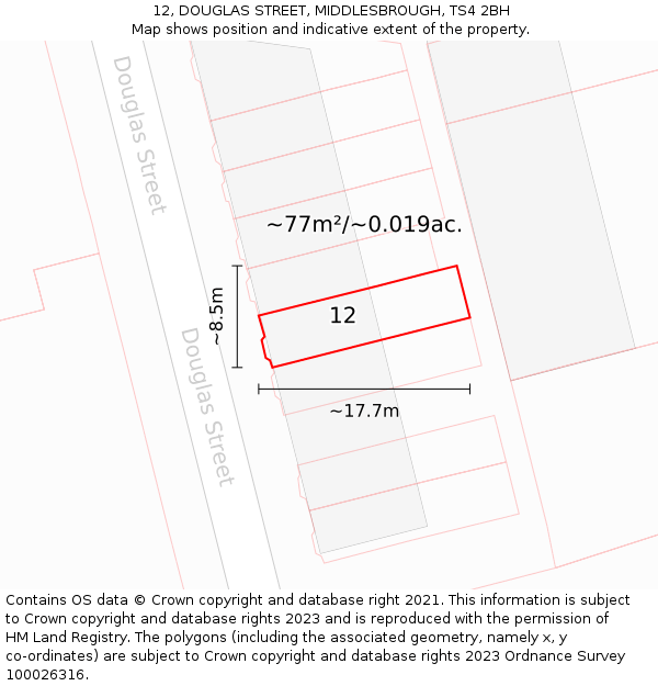 12, DOUGLAS STREET, MIDDLESBROUGH, TS4 2BH: Plot and title map