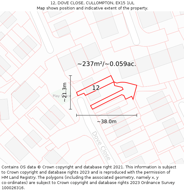 12, DOVE CLOSE, CULLOMPTON, EX15 1UL: Plot and title map