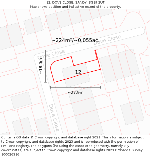 12, DOVE CLOSE, SANDY, SG19 2UT: Plot and title map