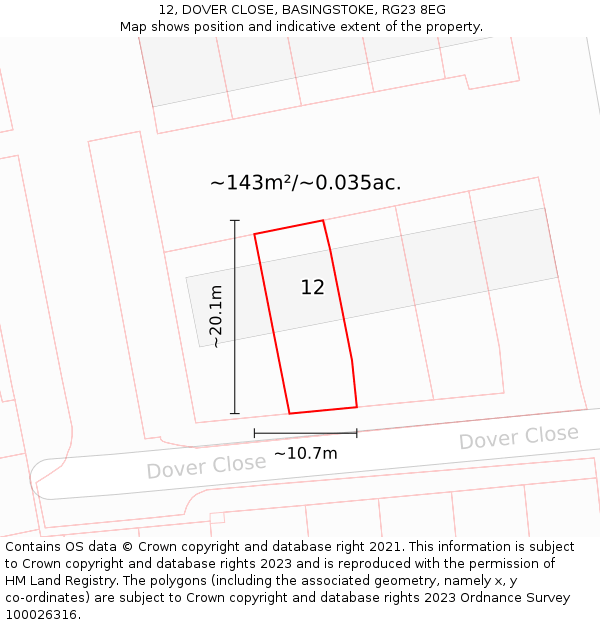 12, DOVER CLOSE, BASINGSTOKE, RG23 8EG: Plot and title map
