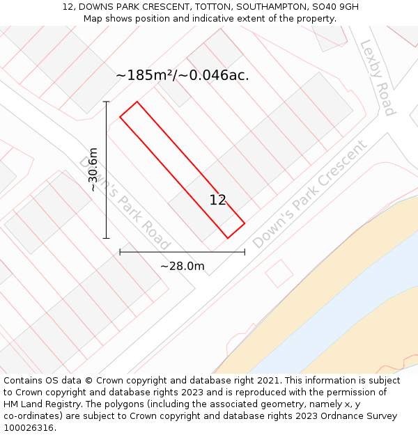 12, DOWNS PARK CRESCENT, TOTTON, SOUTHAMPTON, SO40 9GH: Plot and title map