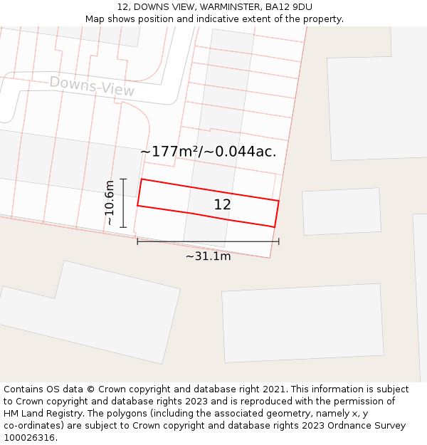 12, DOWNS VIEW, WARMINSTER, BA12 9DU: Plot and title map