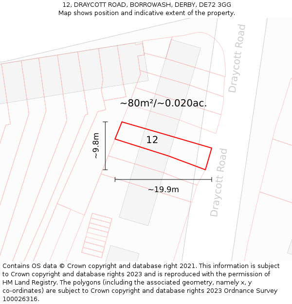 12, DRAYCOTT ROAD, BORROWASH, DERBY, DE72 3GG: Plot and title map