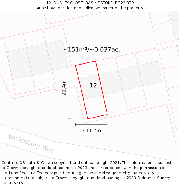 12, DUDLEY CLOSE, BASINGSTOKE, RG23 8BP: Plot and title map