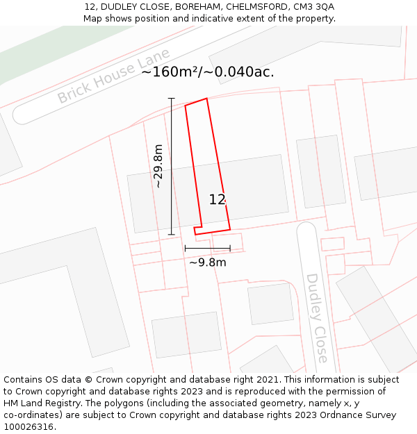 12, DUDLEY CLOSE, BOREHAM, CHELMSFORD, CM3 3QA: Plot and title map