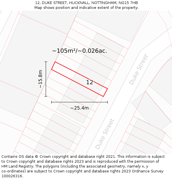 12, DUKE STREET, HUCKNALL, NOTTINGHAM, NG15 7HB: Plot and title map