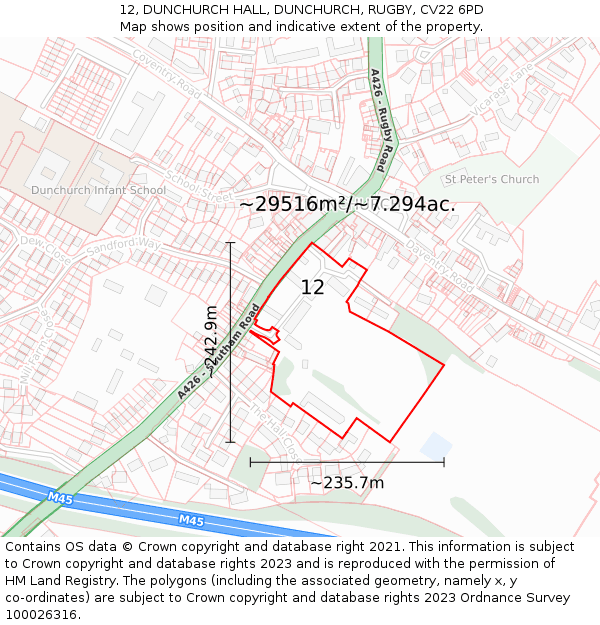 12, DUNCHURCH HALL, DUNCHURCH, RUGBY, CV22 6PD: Plot and title map