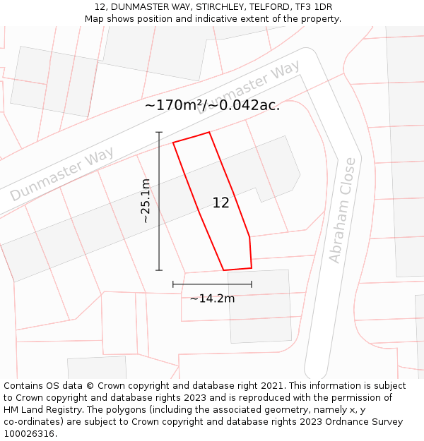 12, DUNMASTER WAY, STIRCHLEY, TELFORD, TF3 1DR: Plot and title map