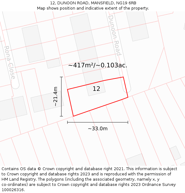 12, DUNOON ROAD, MANSFIELD, NG19 6RB: Plot and title map