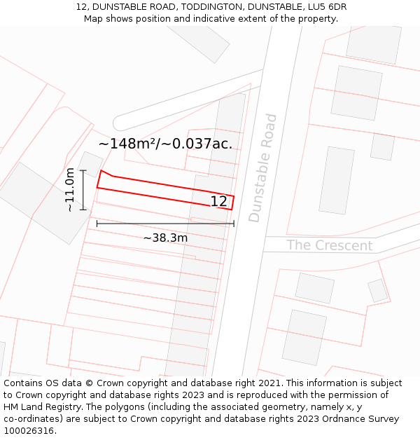 12, DUNSTABLE ROAD, TODDINGTON, DUNSTABLE, LU5 6DR: Plot and title map