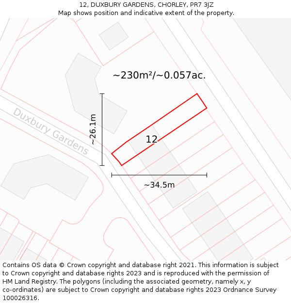 12, DUXBURY GARDENS, CHORLEY, PR7 3JZ: Plot and title map