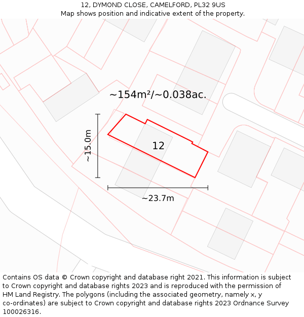 12, DYMOND CLOSE, CAMELFORD, PL32 9US: Plot and title map