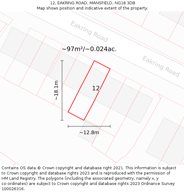 12, EAKRING ROAD, MANSFIELD, NG18 3DB: Plot and title map