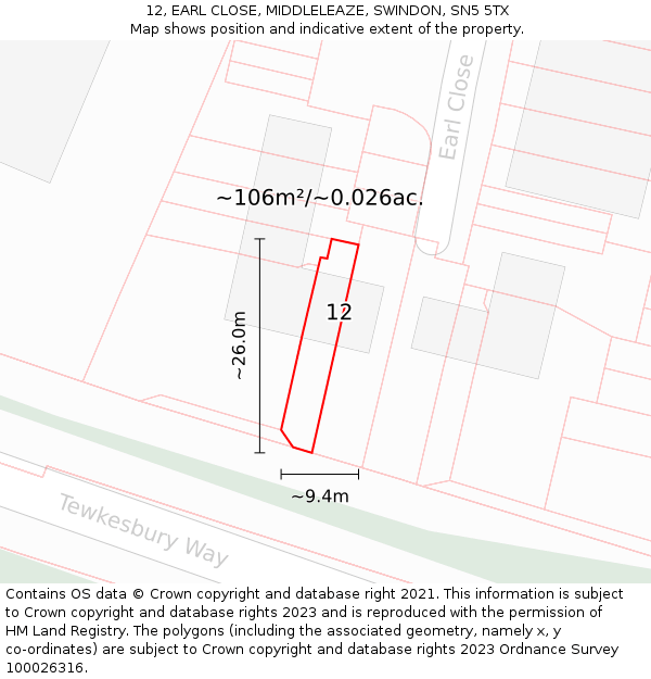 12, EARL CLOSE, MIDDLELEAZE, SWINDON, SN5 5TX: Plot and title map