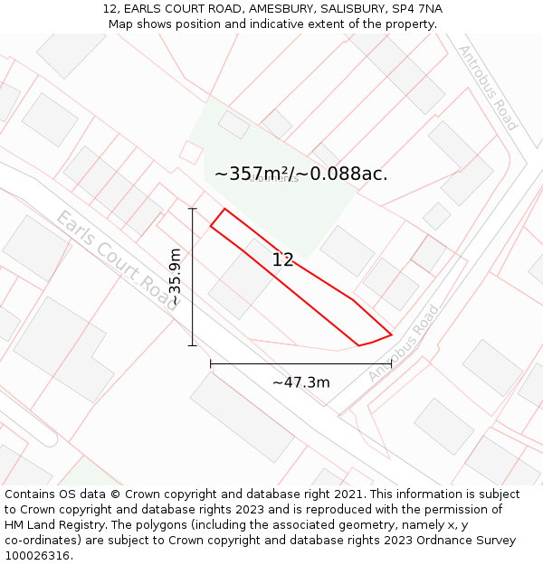 12, EARLS COURT ROAD, AMESBURY, SALISBURY, SP4 7NA: Plot and title map