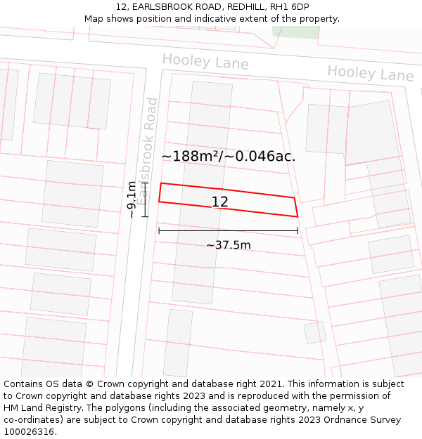 12, EARLSBROOK ROAD, REDHILL, RH1 6DP: Plot and title map