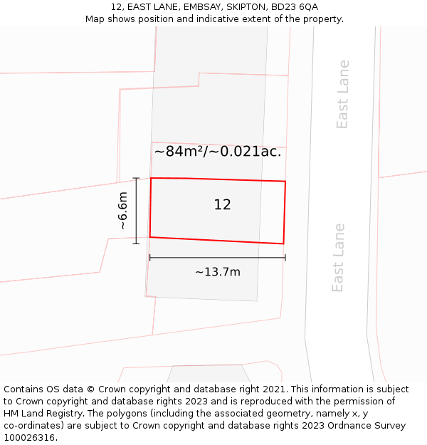 12, EAST LANE, EMBSAY, SKIPTON, BD23 6QA: Plot and title map