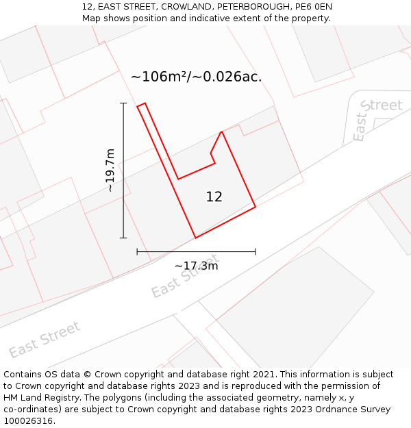 12, EAST STREET, CROWLAND, PETERBOROUGH, PE6 0EN: Plot and title map