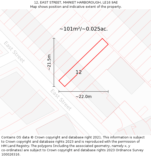 12, EAST STREET, MARKET HARBOROUGH, LE16 9AE: Plot and title map