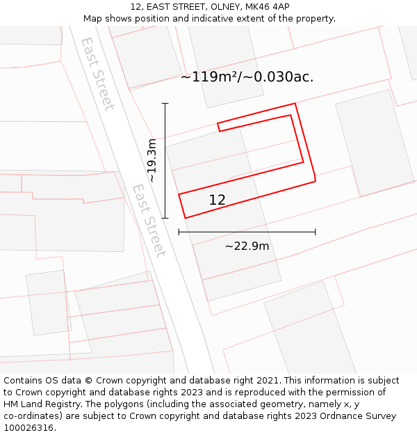 12, EAST STREET, OLNEY, MK46 4AP: Plot and title map