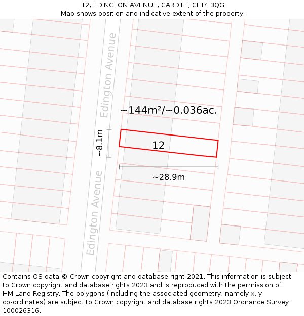 12, EDINGTON AVENUE, CARDIFF, CF14 3QG: Plot and title map