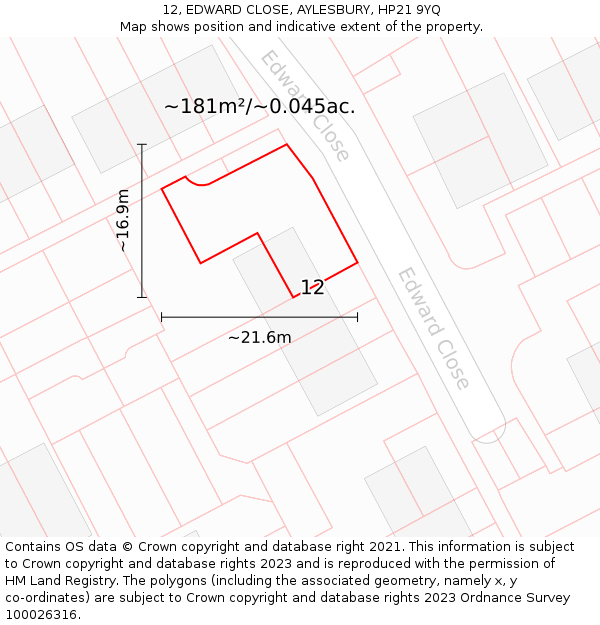 12, EDWARD CLOSE, AYLESBURY, HP21 9YQ: Plot and title map