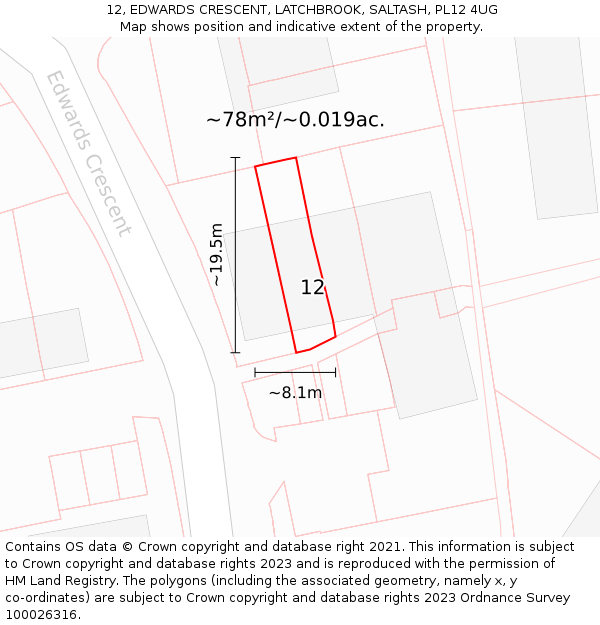 12, EDWARDS CRESCENT, LATCHBROOK, SALTASH, PL12 4UG: Plot and title map