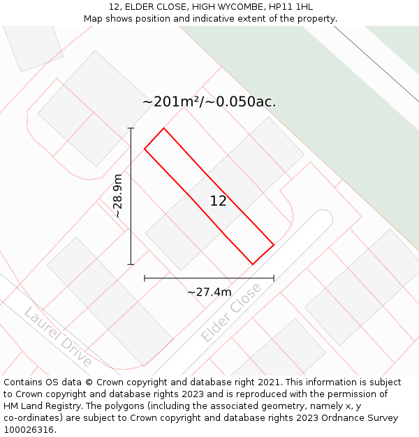 12, ELDER CLOSE, HIGH WYCOMBE, HP11 1HL: Plot and title map