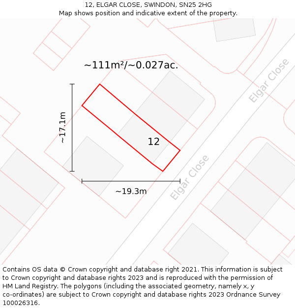 12, ELGAR CLOSE, SWINDON, SN25 2HG: Plot and title map