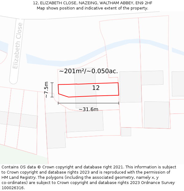 12, ELIZABETH CLOSE, NAZEING, WALTHAM ABBEY, EN9 2HF: Plot and title map