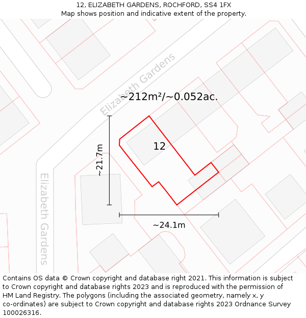 12, ELIZABETH GARDENS, ROCHFORD, SS4 1FX: Plot and title map