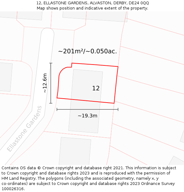 12, ELLASTONE GARDENS, ALVASTON, DERBY, DE24 0QQ: Plot and title map