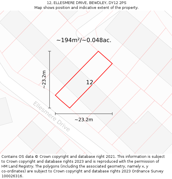 12, ELLESMERE DRIVE, BEWDLEY, DY12 2PS: Plot and title map
